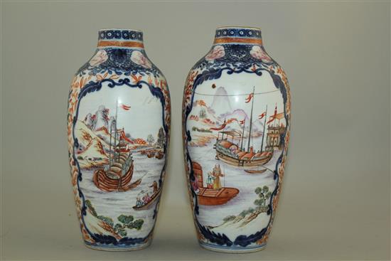 A pair of Chinese export famille rose ovoid vases, late Qianlong period, 21cm, faults